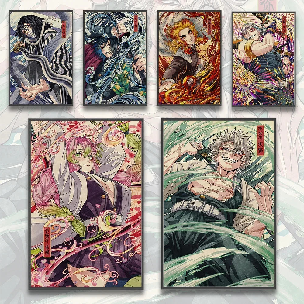 Self-adhesive Poster Demon Slayer Hashira Anime Wallpaper Figures Home Decoration Painting Art Bedroom Cartoons Decor Tanjiro