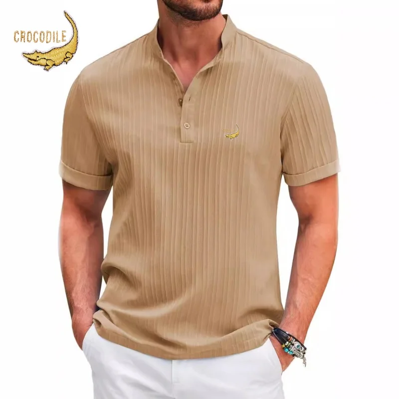 New High-end Embroidered Cotton and Linen Striped Henry Shirt for Men\'s Summer Casual Fashion Comfortable Breathable T-shirt Top