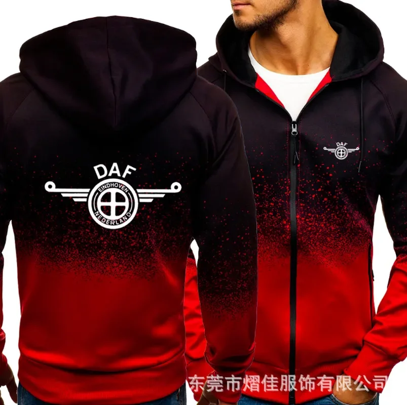 

NEW2023 for DAF Car Logo Print Casual HipHop Harajuku Gradient color Hooded Mens Fleece Sweatshirts zipper Jacket