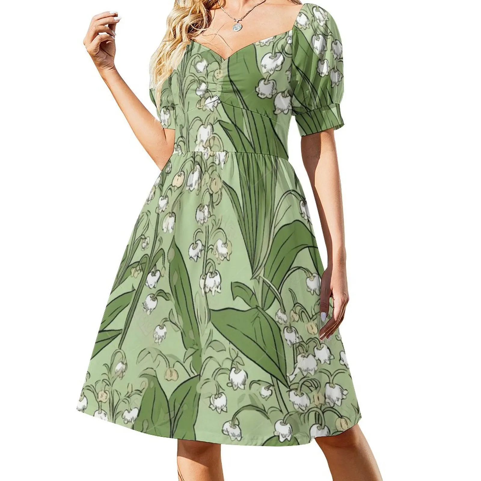 عطر الربيع الأسر: فستان Lily Of the Valley بخط عنق على شكل قلب، فستان أنيق للحفلات الصيفية للنساء مزين بالزهور