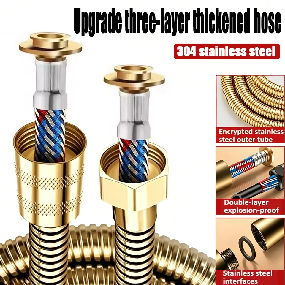 Upgraded Three-layer Thickened 304 Stainless Steel Braided Shower Hose 1.5 2 Meter High Pressure Explosion-proof Leak-proof Tube
