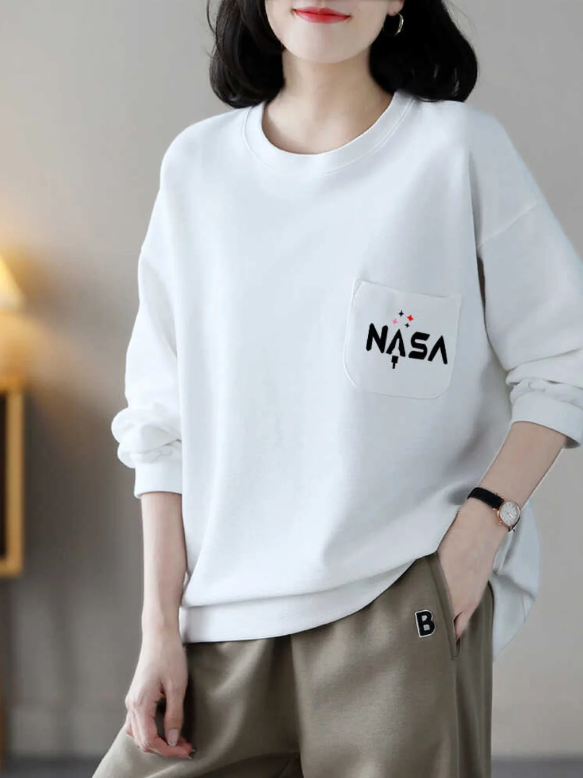 

Свитшот большого размера свободного кроя с длинными рукавами, женский повседневный хлопковый топ с принтом и карманами, удобный, для осени и зимы