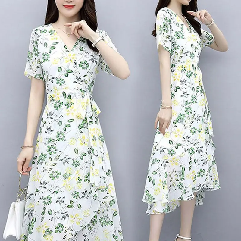 

Female Clothing Broken Flowers Midi Dress Fashion Bandage Irregular Hem 2024 Summer Short Sleeve Elegant V-Neck Spliced Dresses