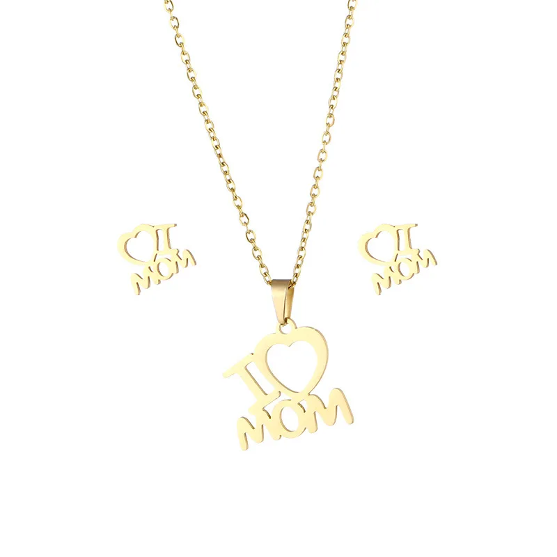 Orecchini con collana con lettera MAMA color oro in acciaio inossidabile Set Cuore d\'amore Mamma Figlia Figura Set di gioielli Regalo per la festa