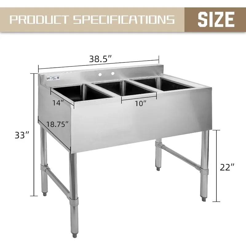 3 Compartment Sink of Stainless Steel NSF Commercial Utility Basin with 10