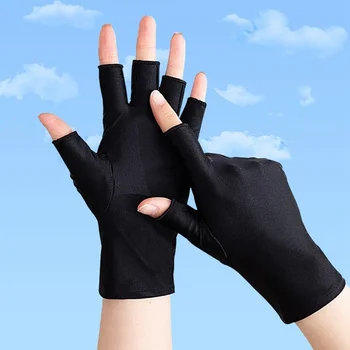 1 par de guantes de medio dedo Anti-UV elásticos informales para mujer negro blanco gris verano fresco fino corto ciclismo mitones para conducir