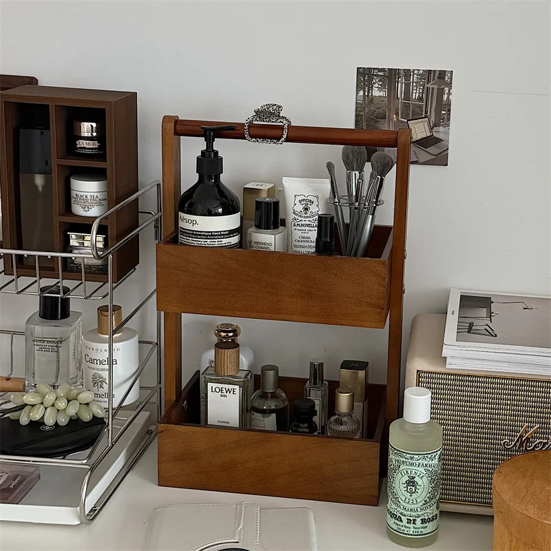 

Double-layer Wooden Shelf Household Small Cosmetic Storage Rack Desktop Skin Care Product Box