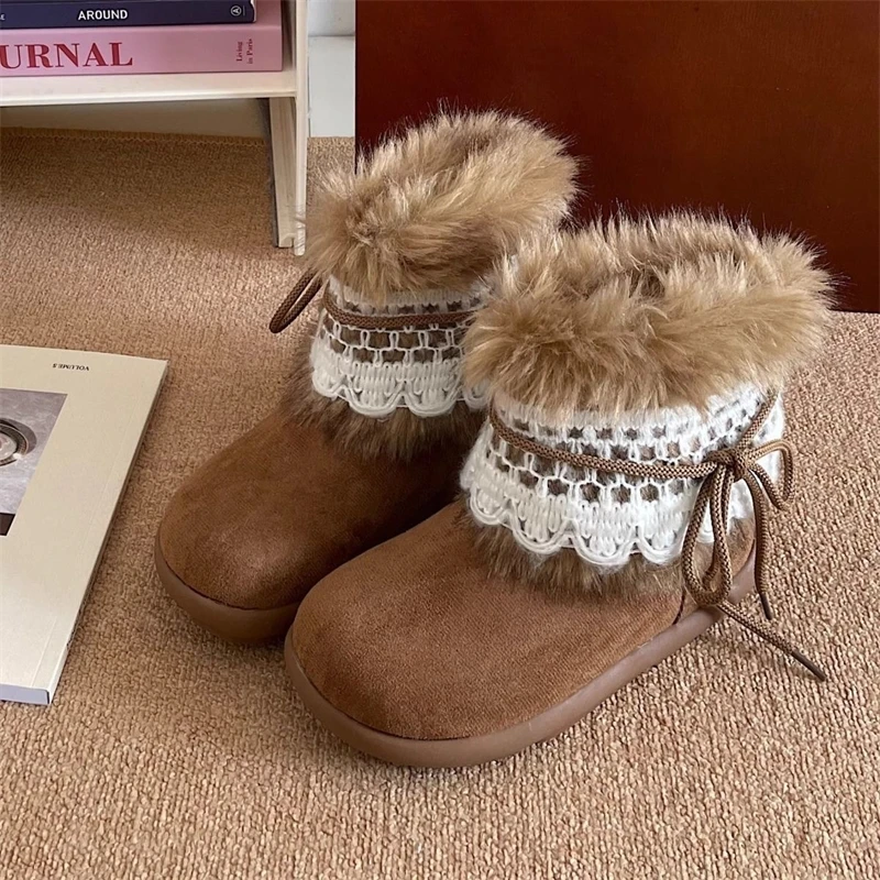 Vintage Bow Lace Fleece Snow Boots Women Winter Fashion Cozy Warm Flat Heel Round Toe Design Stylish Fall Winter Footwear New