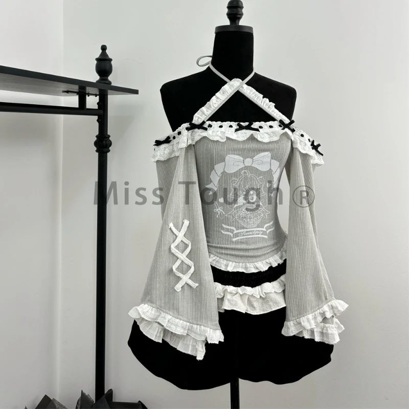 Japanese Kawaii Lolita Suits Female Bow Lace Casual Vintage Elegant Y2k 2 Piece Pants Set Female Patchwork Chic Cute Clothing