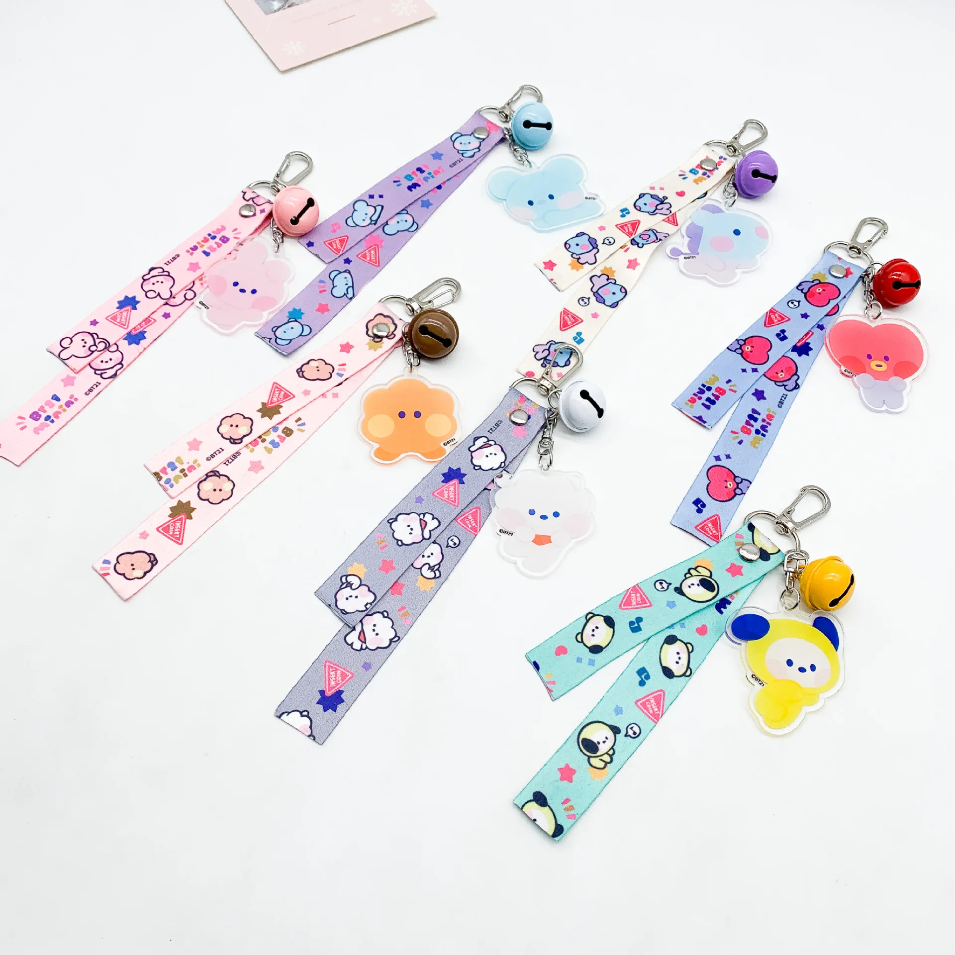 BT21 Ribbon Bell Cartoon Pendant Transparent Acrylic Keychain Pendant Kawaii Creative Keychains Keyring Bag Accessories Gift