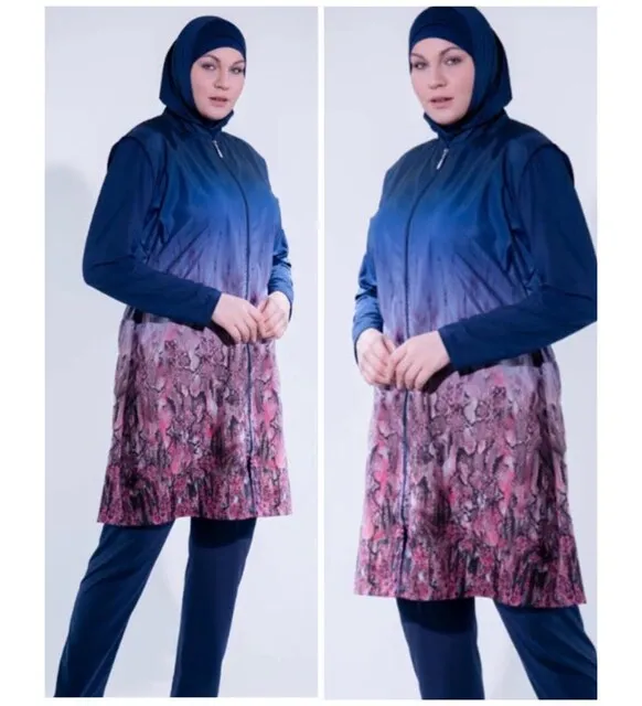 Seam 3105 navy blue big size classic digital patterned hijab swimsuit