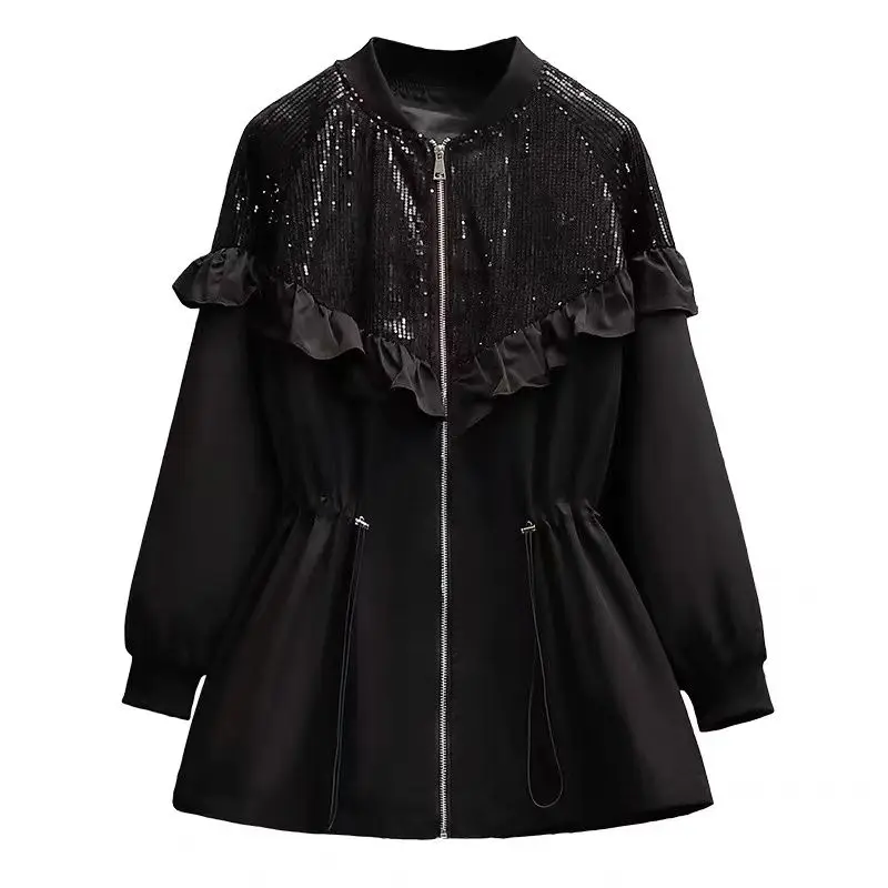 Spring and Autumn New Popular Fashion Temperament Commuting Fungus Lace Sequined Coat Women's Casual Top Waist Thin Trench Coat