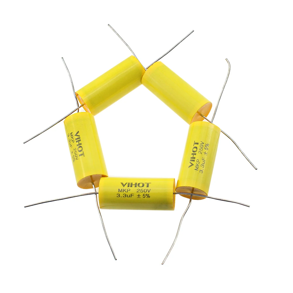 5Pcs 3.3uF 250V MKP Non-Polarized Axial Capacitor Yellow Ring 2-Pin for Audio Speaker Equipment