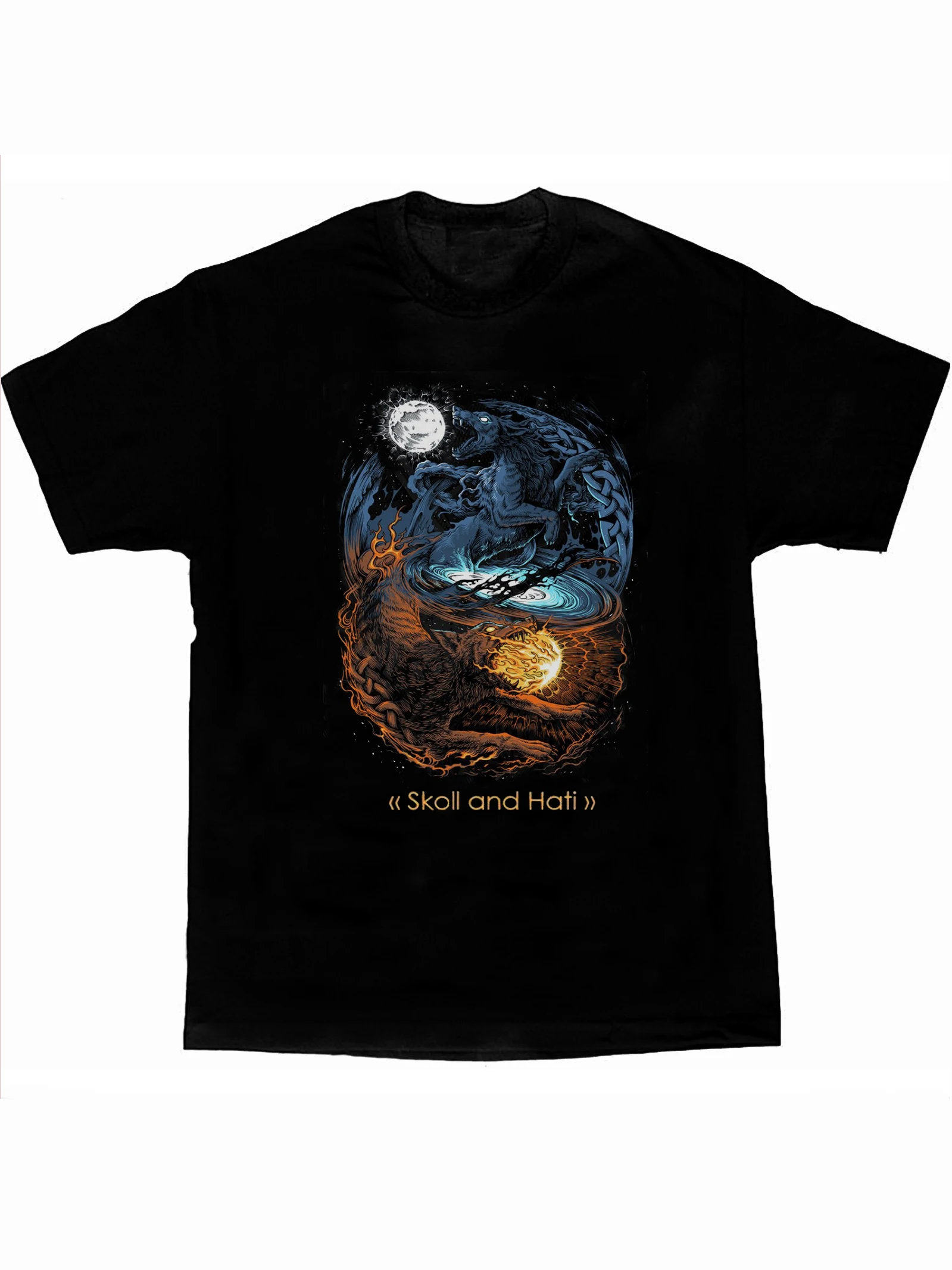 Two Giant Wolves Skoll and Hati Norse Mythology Mens T-Shirt Short Sleeve Casual 100% Cotton O-Neck T-shirt Fashion Streetwear