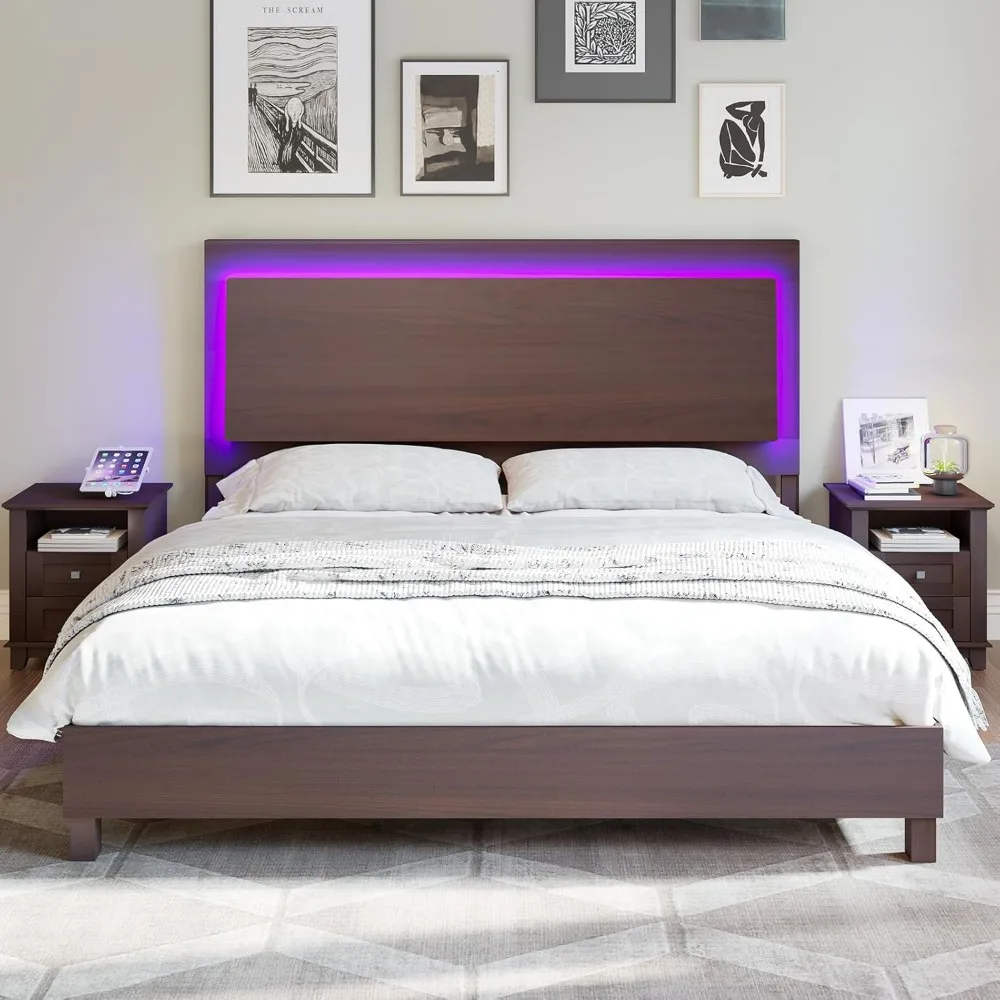 

Queen Size Wood Bed Frame w RGBW LED Light, Mid-Century Modern Floating Headboard and Solid Wood Legs. No Box Spring Needed