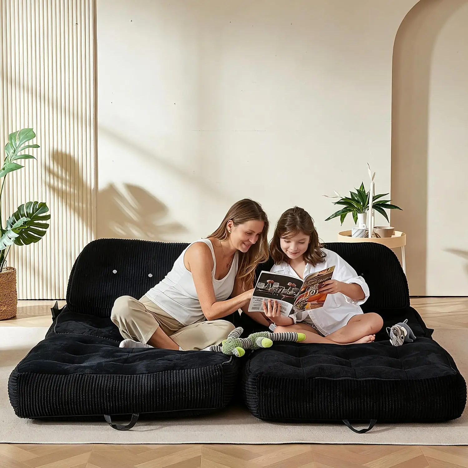 Flannel Futon Sofa Bed with Pillow & Blanket, Convertible Sleeper Chair for Living Room Bedroom, 2-Seater Black, Customized
