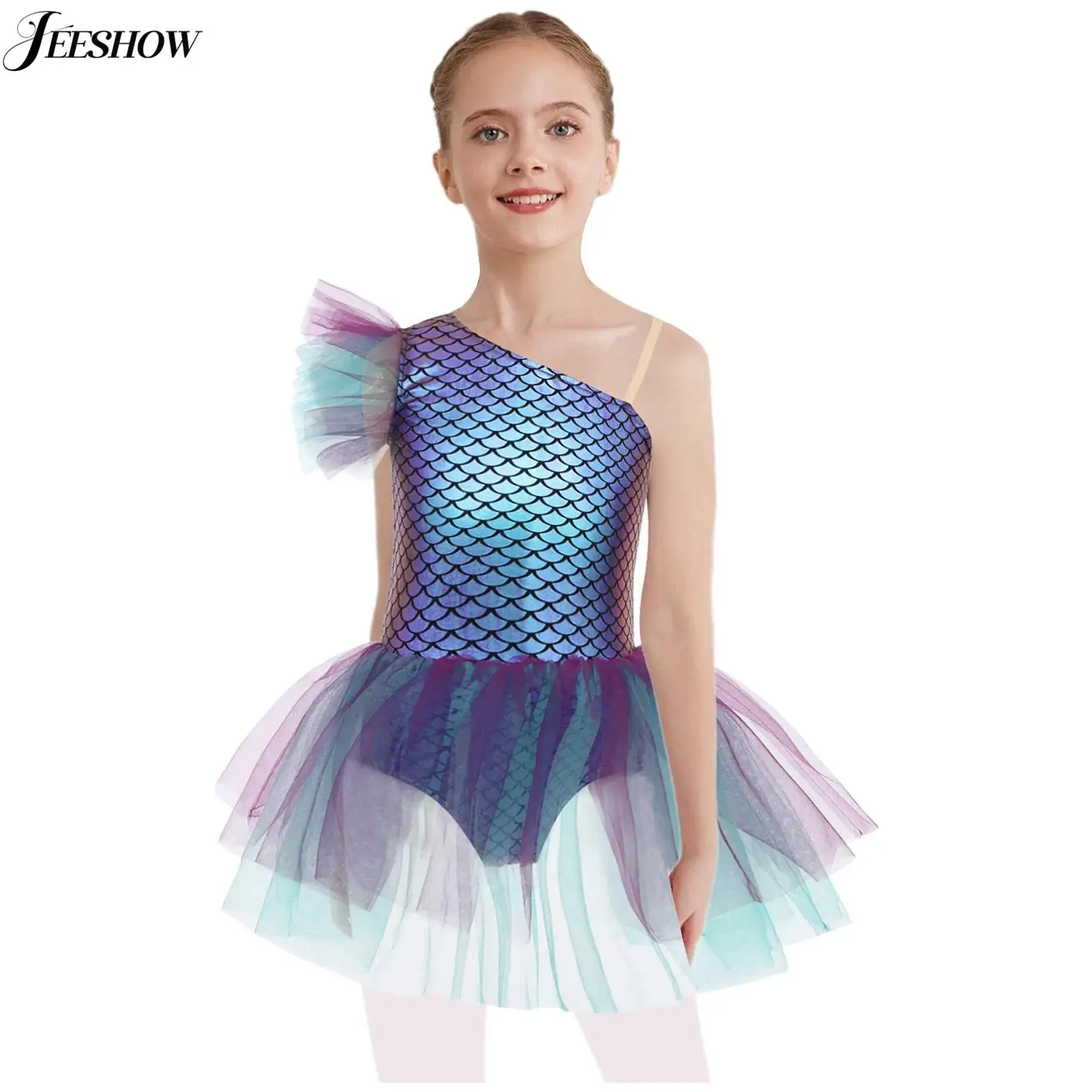 

Детское платье-пачка для балета и танцев для девочек, костюм русалки на Хэллоуин, костюм рыбьей чешуи с принтом на одно плечо, тюлевое трико с оборками, танцевальная одежда