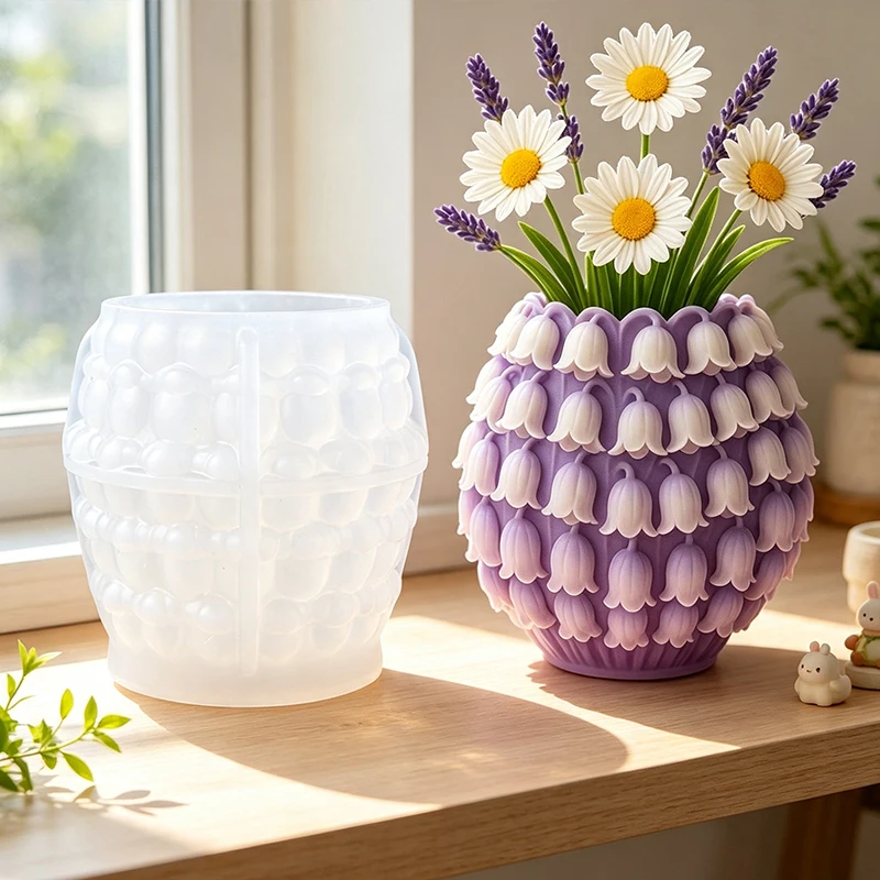 3D Flower Vase Silicone Mold Lily Lotus Monstera Leaf Tulip Peony Flowerpot Planter Candle Holder Storage Container Plaster Mold view 6