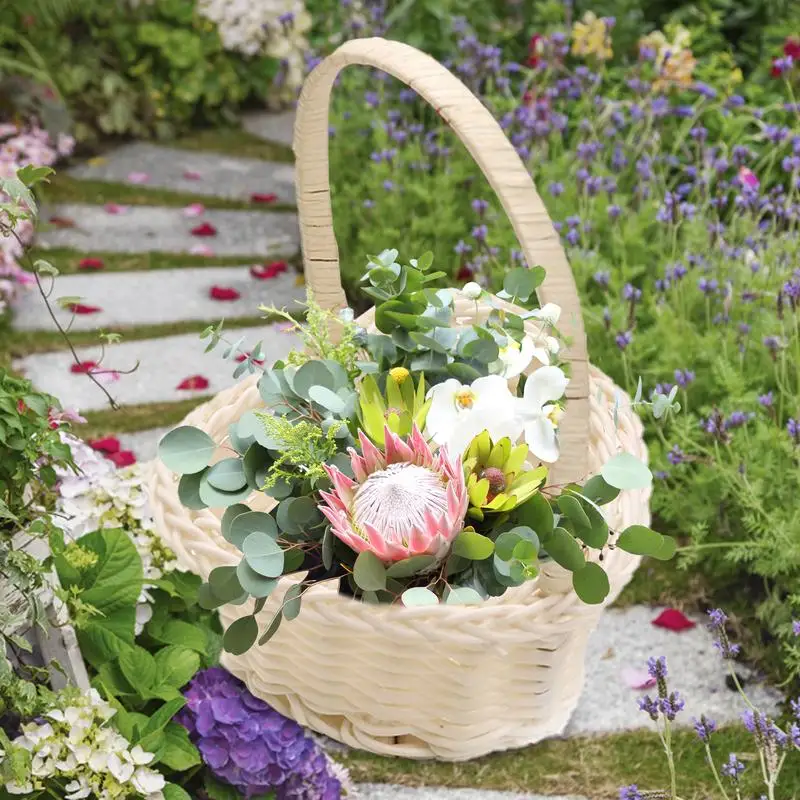 Flower Girl Basket Rattan Woven Mini Hand Basket White Heart Shaped Storage Basket With Handle Wedding Supplies Elegant Decor