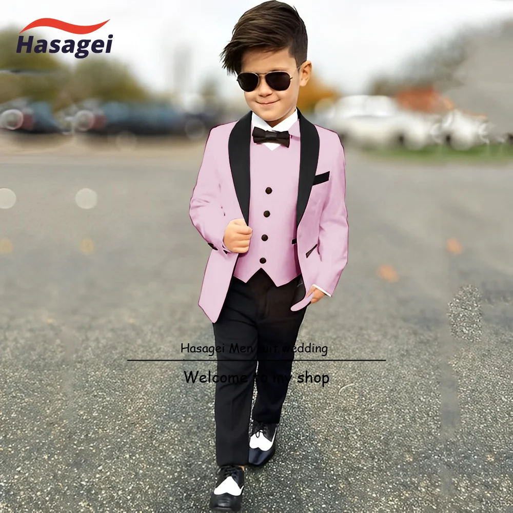 Traje rosa de 3 piezas para niños, chaqueta, pantalones, chaleco, corbata Formal, esmoquin de boda, traje de diseño delgado, Blazer de moda para niños