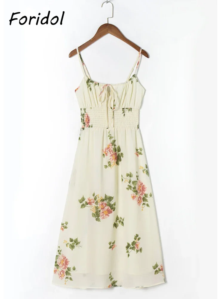 Spaghetti Strap Lace Up Beige Chiffon Summer Dress Sexy Slip Midi Sleeveless Dress Robe Big Flower Print Women Beach Dress Boho