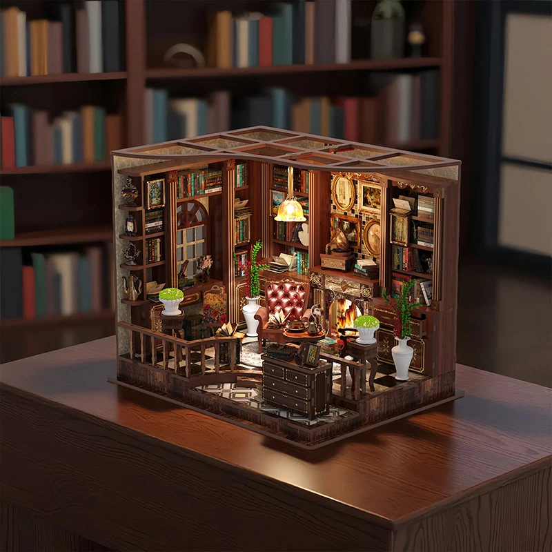 Retro DIY บ้านตุ๊กตาไม้ตุ๊กตา Miniatures ชุดไฟ LED ตกแต่งโต๊ะหน้าแรกสําหรับผู้ใหญ่ Handmade ของขวัญตุ๊กตา