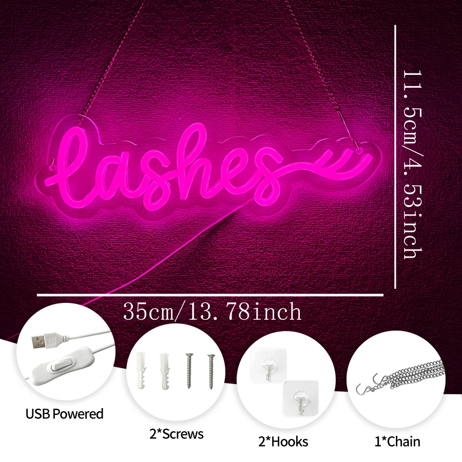 Lashes Neon Sign, Lady Text LED Neon Light for Wall Decor, Suitable for Bedroom, Beauty Room, Eyelash Makeup Studio，USB  Powered