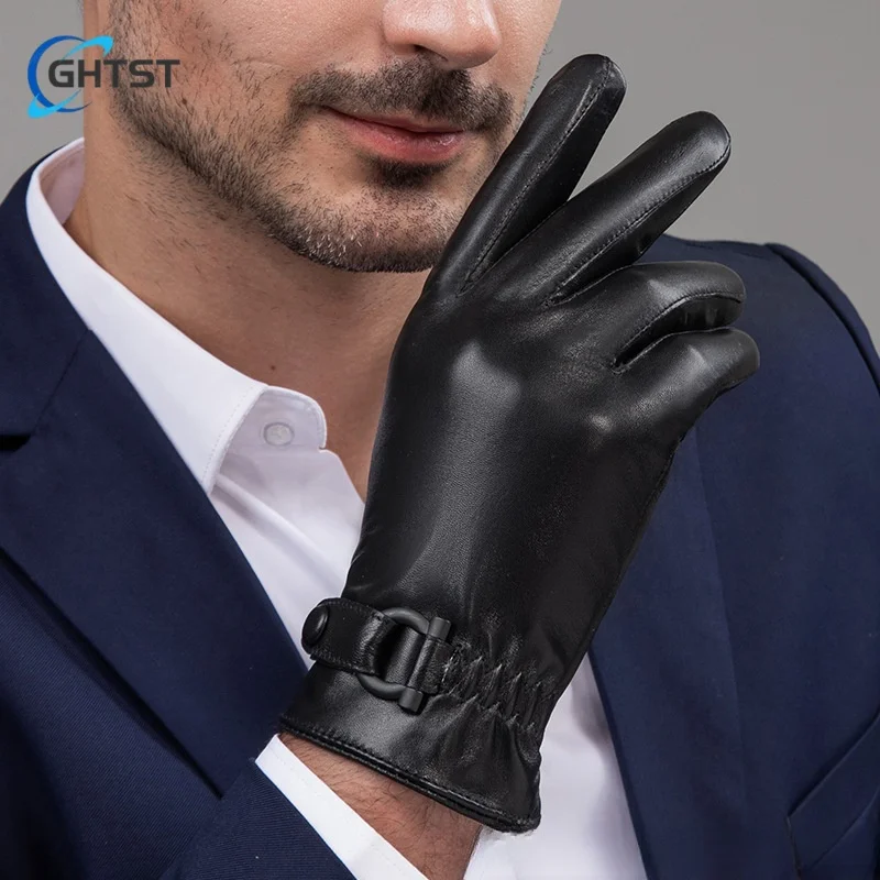 Zakelijke heren lederen handschoenen Lamsvacht plus fleece verdikt warm touchscreen Drive Fietsen Winter Windchill-handschoenen