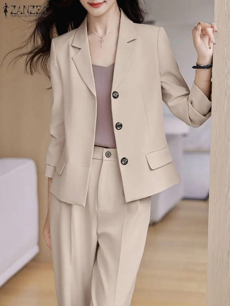 ZANZEA Women Elegant 2PCS Autumn Long Sleeve Solid Blazer Trousers Suits Casual OL Work Pants Sets Fashion Office Tracksuit 2024