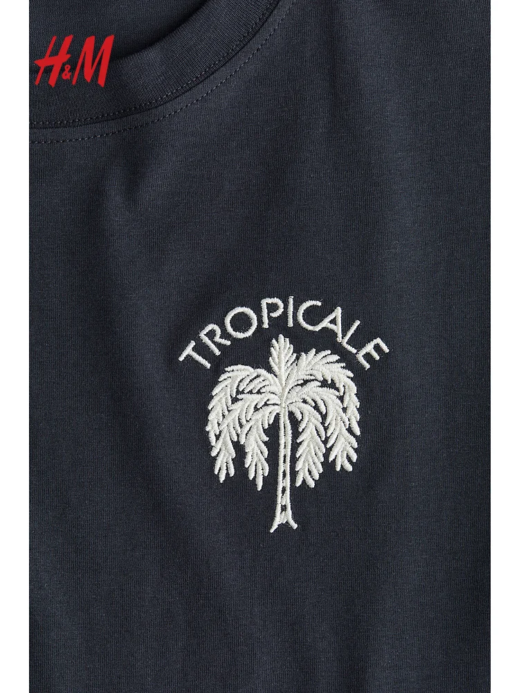 H&M Damen-T-Shirt, lockere Passform, S Sve, rundes Ne-Druckmuster, amerikanisches SLE-Freizeitoberteil für den Frühling 2025,