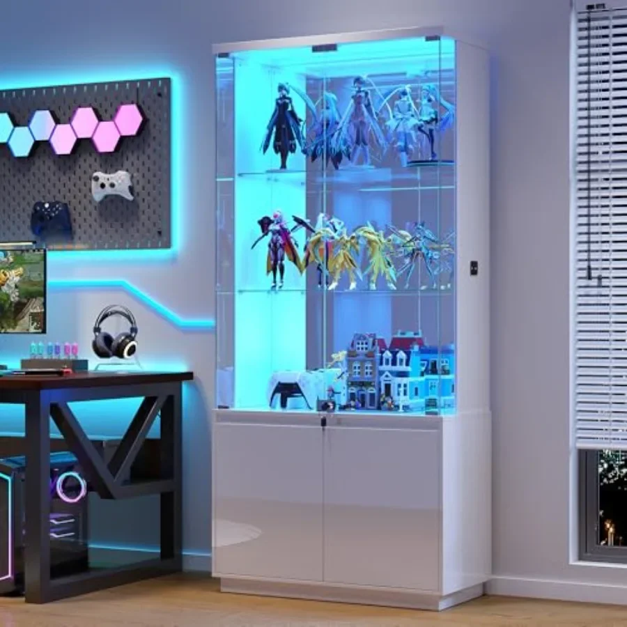 71 Lockable LED Glass Display Cabinet with Human Sensor for Living Room, White Tempered Glass, Soft-Close Doors