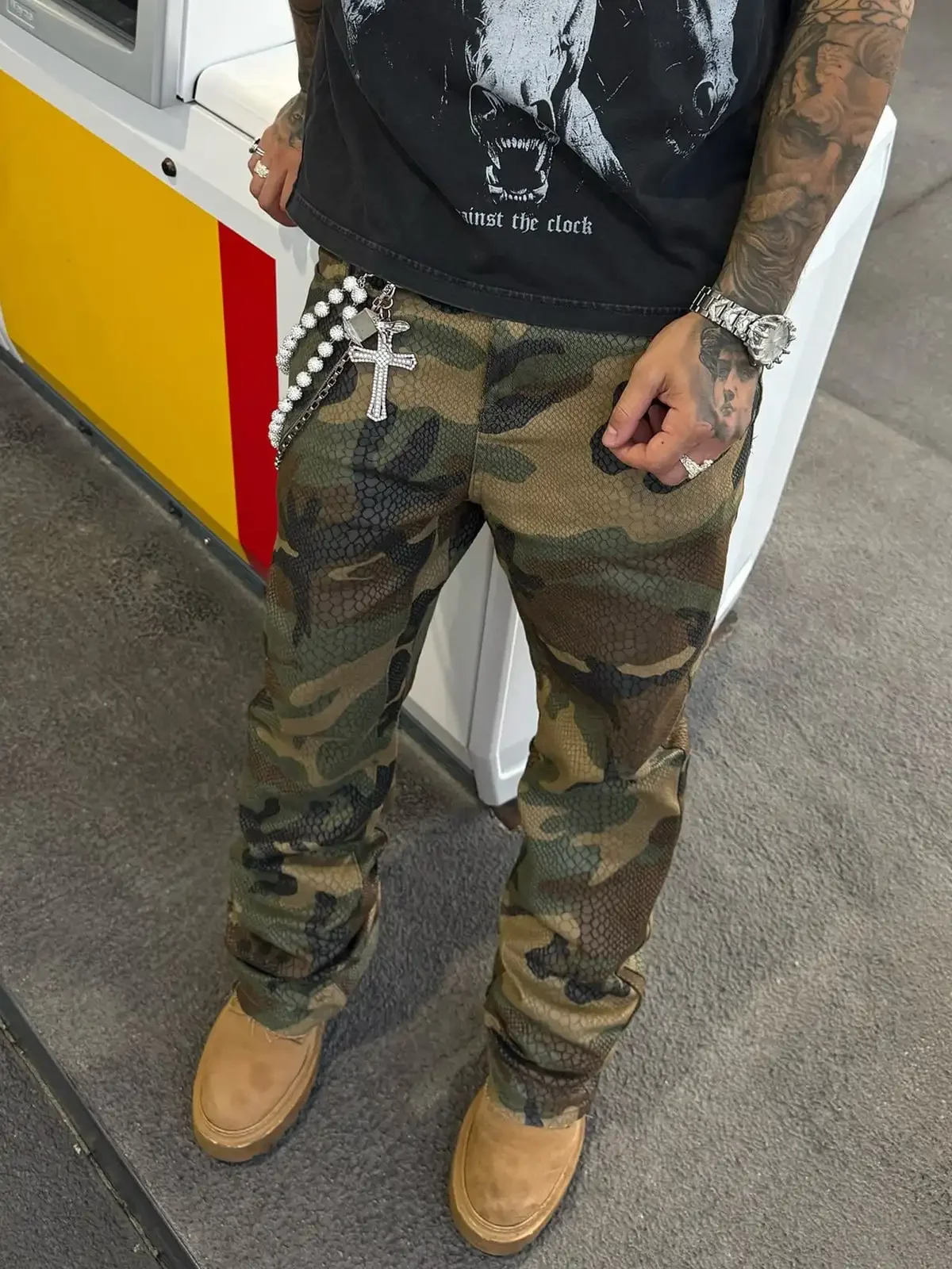 Y2K Retro Streetwear Python Camo Snake PatternJeans Glossy Coating Snake Denim Pants New Hip Hop Unisex Baggy Straight Leg Pants