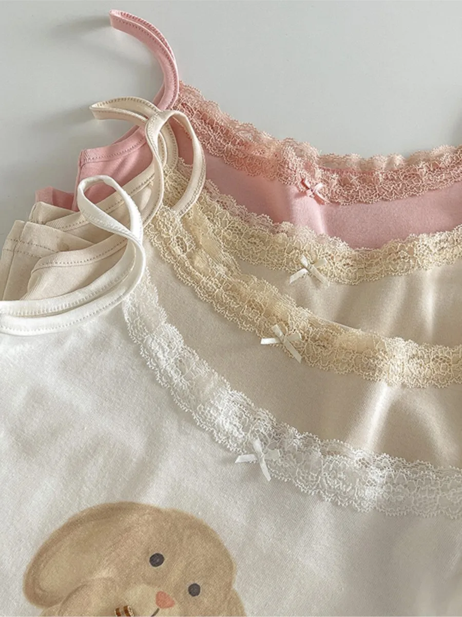 น่ารักการ์ตูนลูกไม้ Trim TANK Tops ผู้หญิงฤดูร้อนใหม่ Slim Cotton เสื้อแขนกุด VINTAGE Sweet Preppy สไตล์ Camisole Y2K เสื้อผ้า