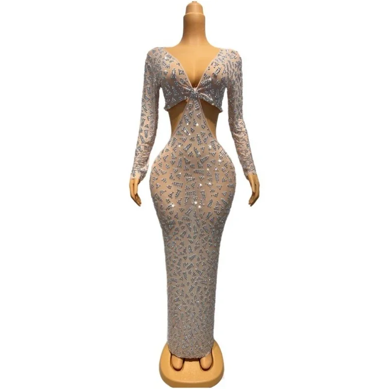 Robe transparente à manches longues avec strass argentés scintillants pour femmes, Costume de fête découpé, robes de soirée, tenue XS6025