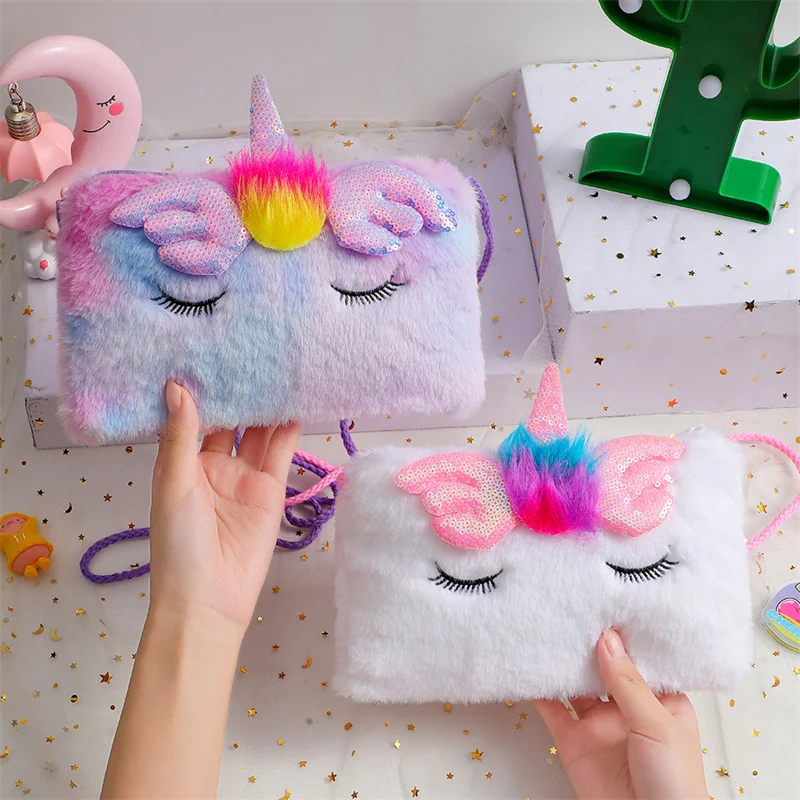 Unicorn Cartoon Square Squint Shoulder Bag Kids Plush Crossbody Bag Kindergarten Girls Coin Purse