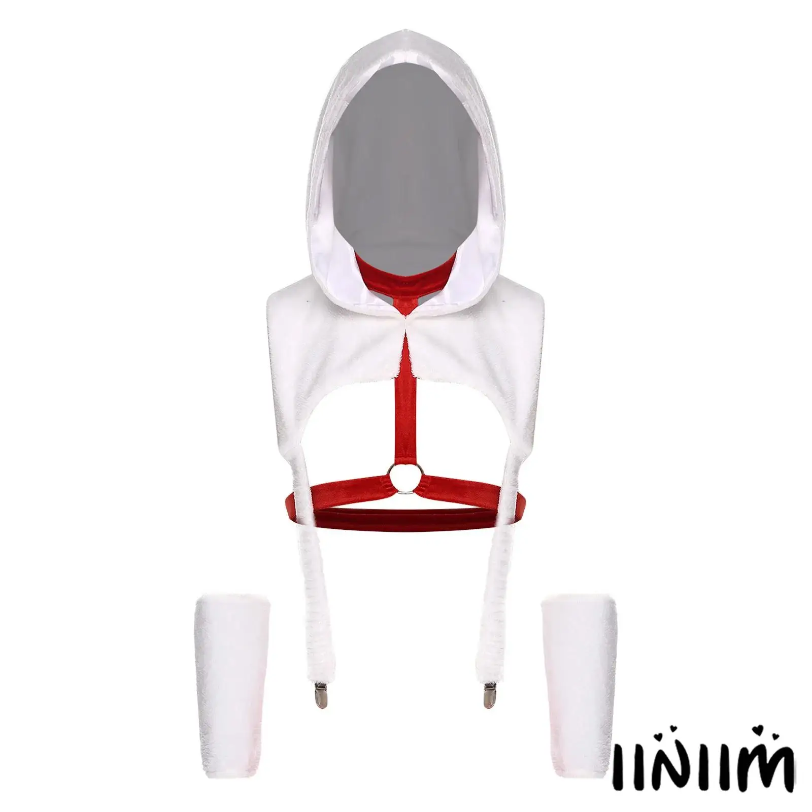 

Mens Christmas Funny Lingerie Hooded Crop Tops with Suspender Clips And Body Chest Harness And Oversleeves Plush Santa Nightwear
