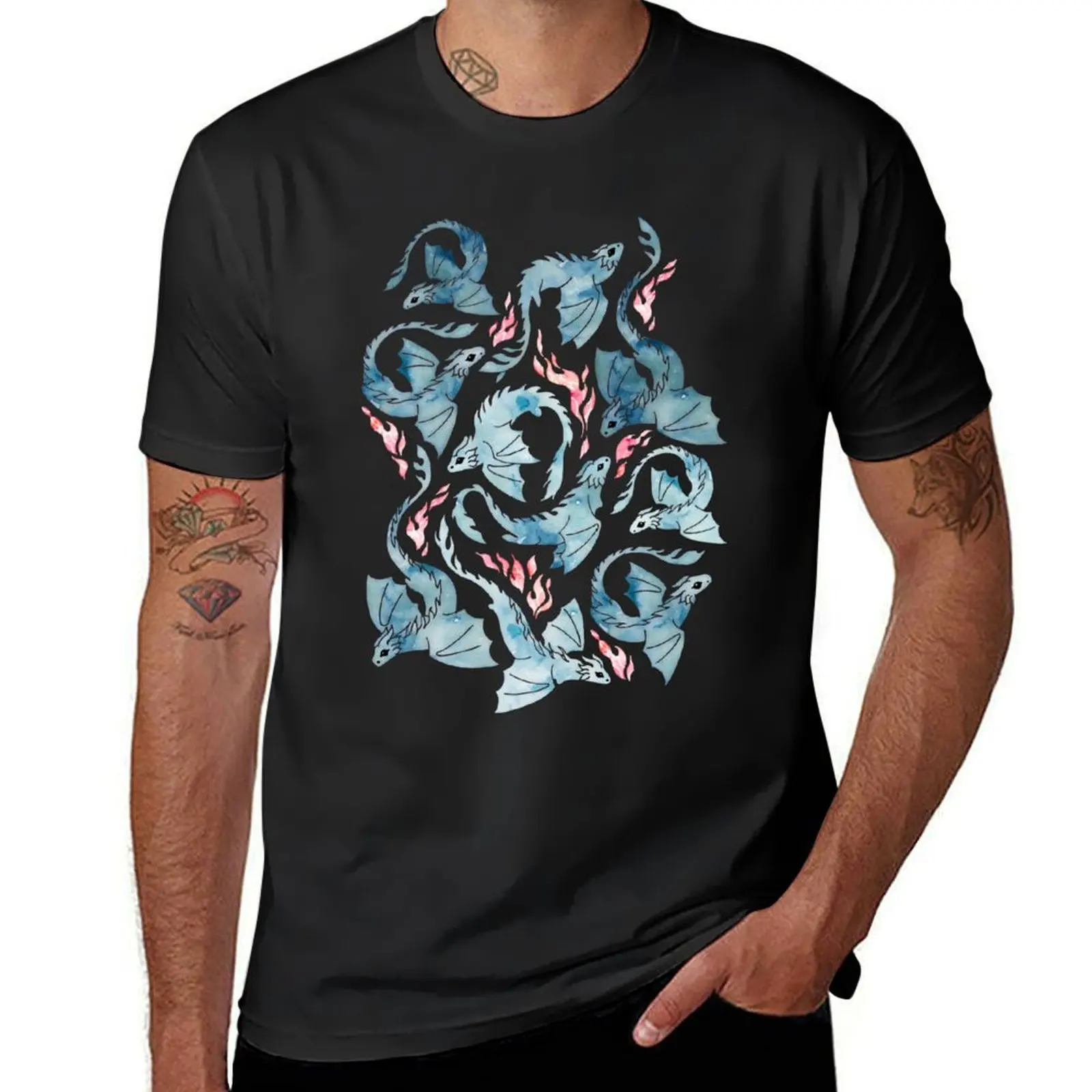 

Dragon fire dark blue T-Shirt vintage graphic tee Aesthetic clothing vintage anime shirt Men's clothing