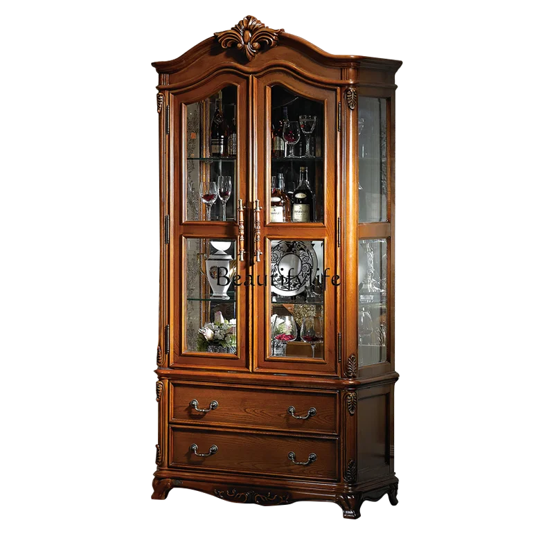 

American solid wood double door wine cabinet luxury European style retro glass complete cabinet with door