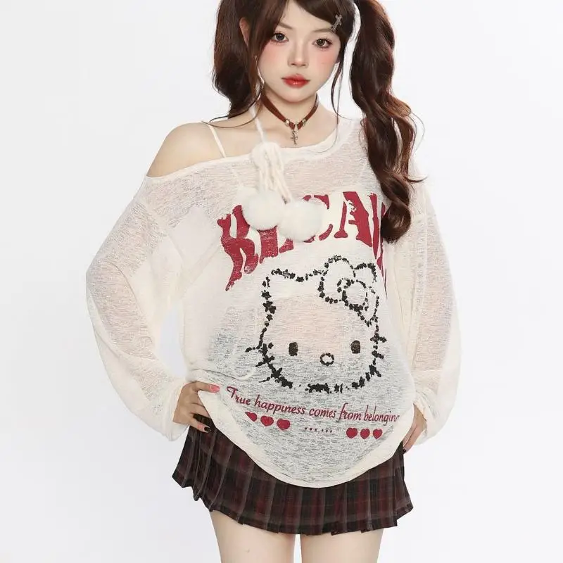 サンリオ ファッション カバーアップ ハローキティ 長袖 カバーアップ オフショルダー 日焼け防止 女性 ビーチ 休暇 大きいサイズ カバーアップ