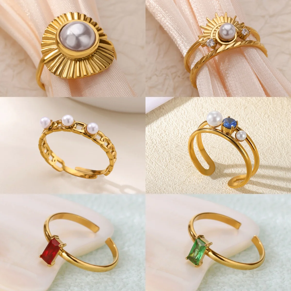 

10pcs Minimalist Floral Stainless Steel Imitation Pearl Women's Rings with Zircon Design Jewelry Ring Christmas Gift Bijoux