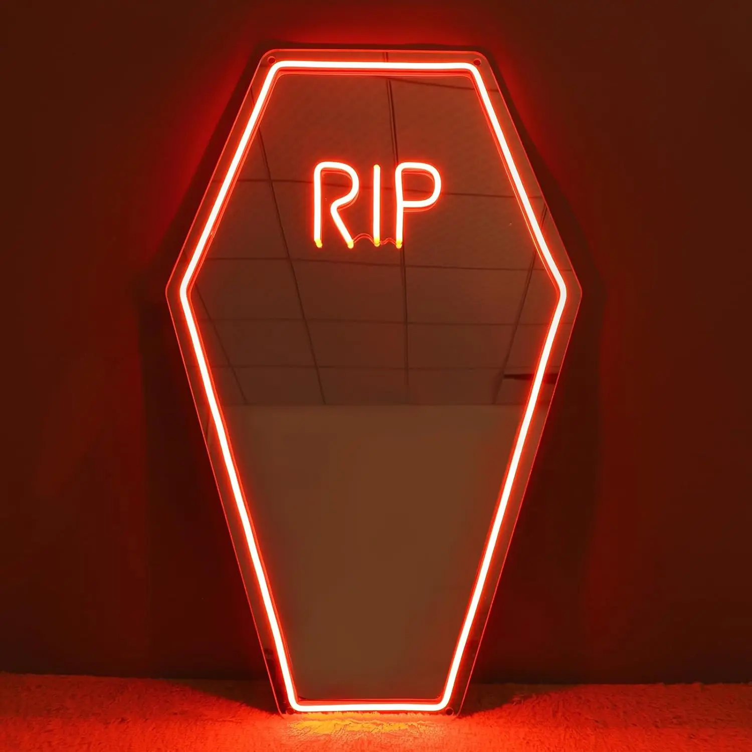 Coffin Rip Neon Mirror Signage Gothic Room Decor Casket Mirror Signage Halloween Gift Party Gothic Halloween Decoration RED