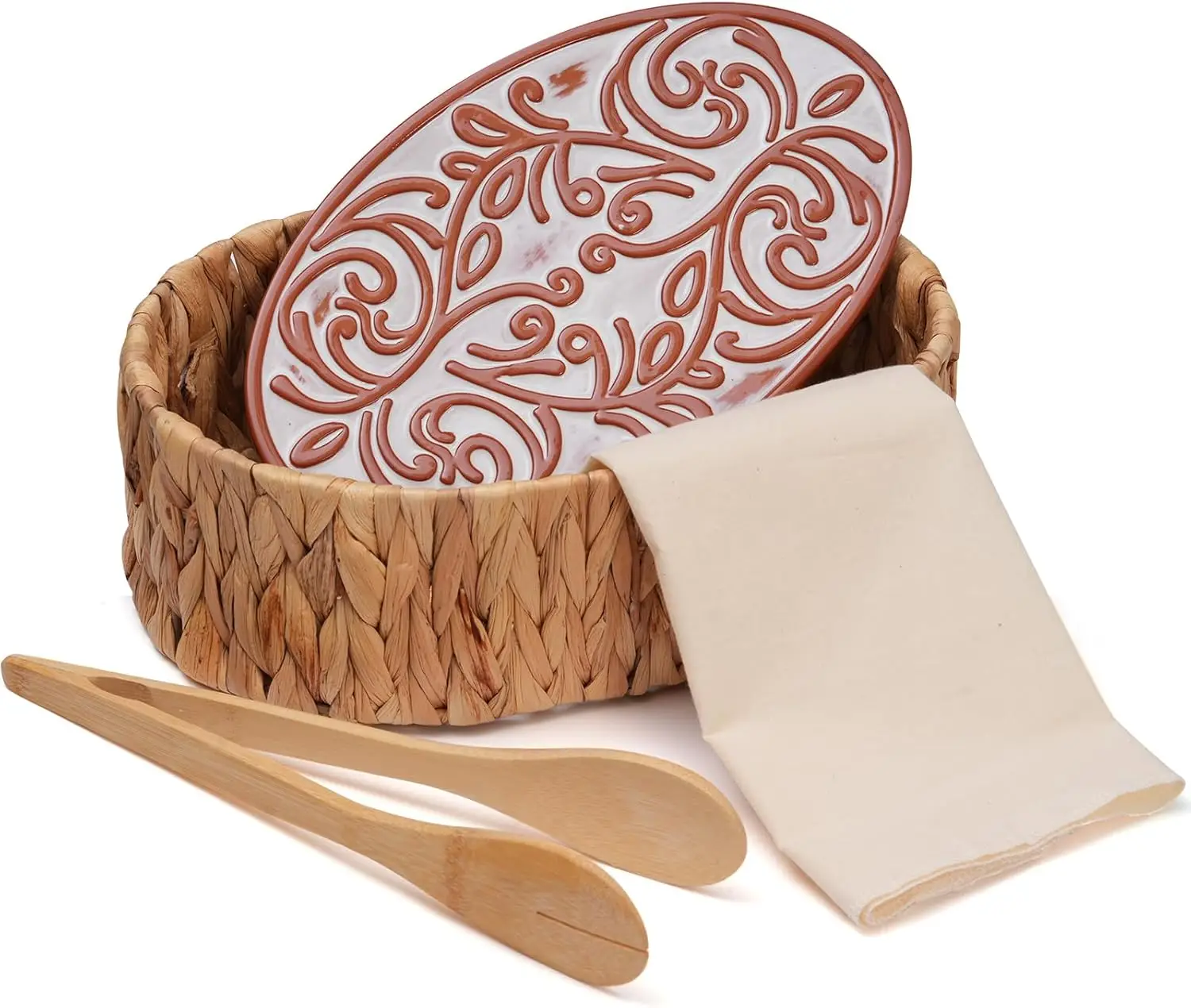 

Terracotta Bread Warmer Basket with Stone, Linen Towel & Clips - Ideal for Serving Tortilla, Sourdough, Gifts