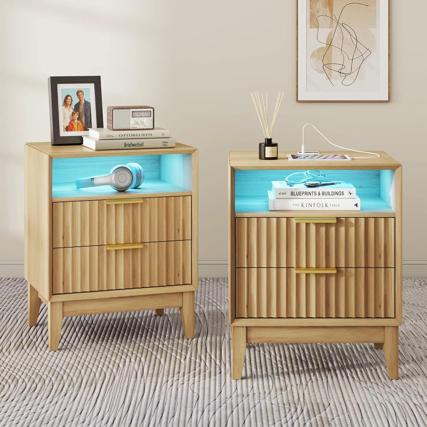 

Fluted Nightstand Set 2 W/ Charging Station LED Lights RFID Lock Hidden Drawer Mid Century Bedroom Oak, Customized