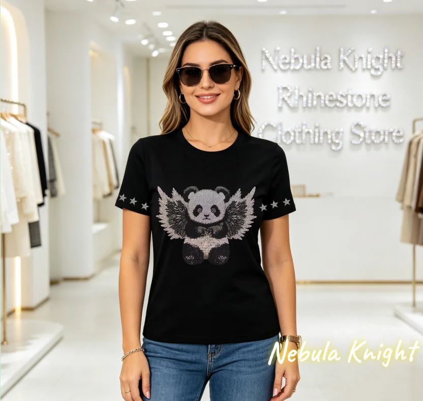Summer Women's Short Sleeve Cotton T-Shirt O-Neck with Luxury Crystal Rhinestone Bling Casual Streetwear Top