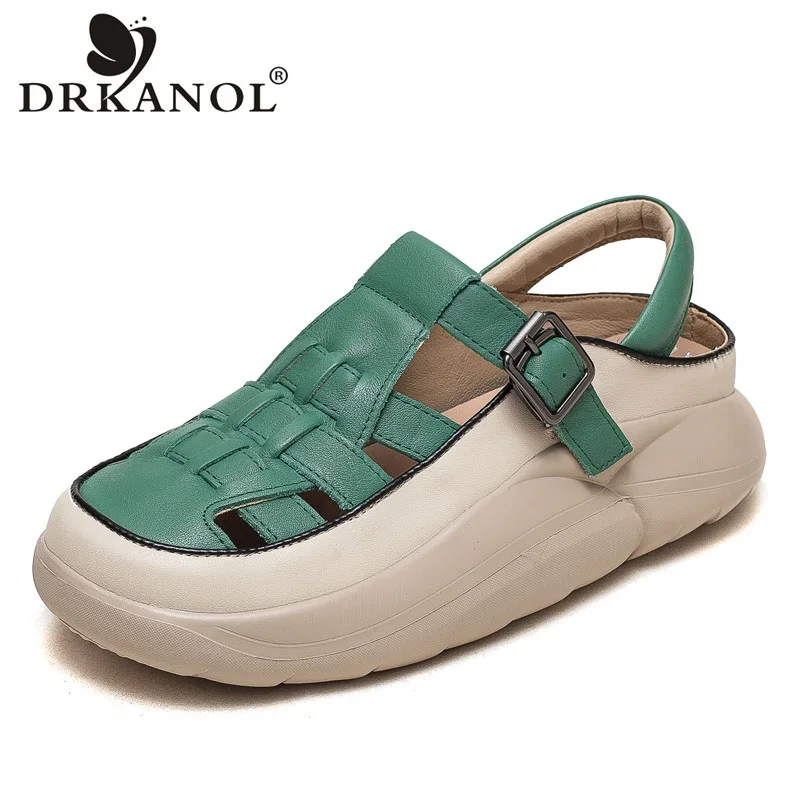 

DRKANOL 2024 Fashion Women Chunky Sandals Summer Woven Shoes Metal Buckle Genuine Leather Wedges Platform Sneakers Sandals Green