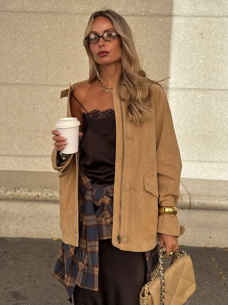 HH امرأة الخريف معاطف فضفاضة غير رسمية الصلبة بدوره إلى أسفل طوق جيوب واحدة الصدر المرأة موضة سترات بأكمام طويلة 2025 #3