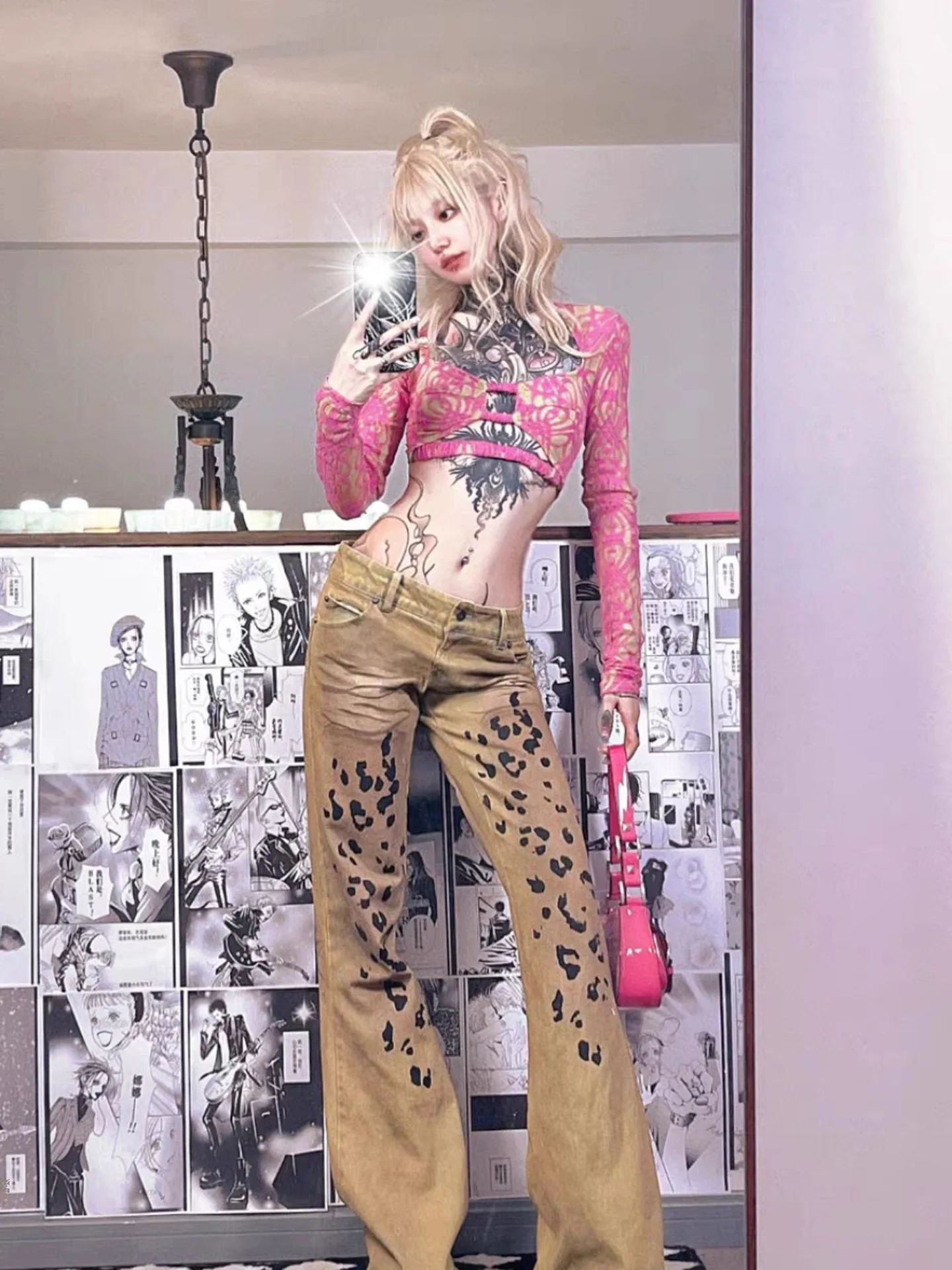 Low Waist Bell Bottom Denim Jeans Women's Fashion Washed Retro American High Street Leopard Print Micro Flared Jeans