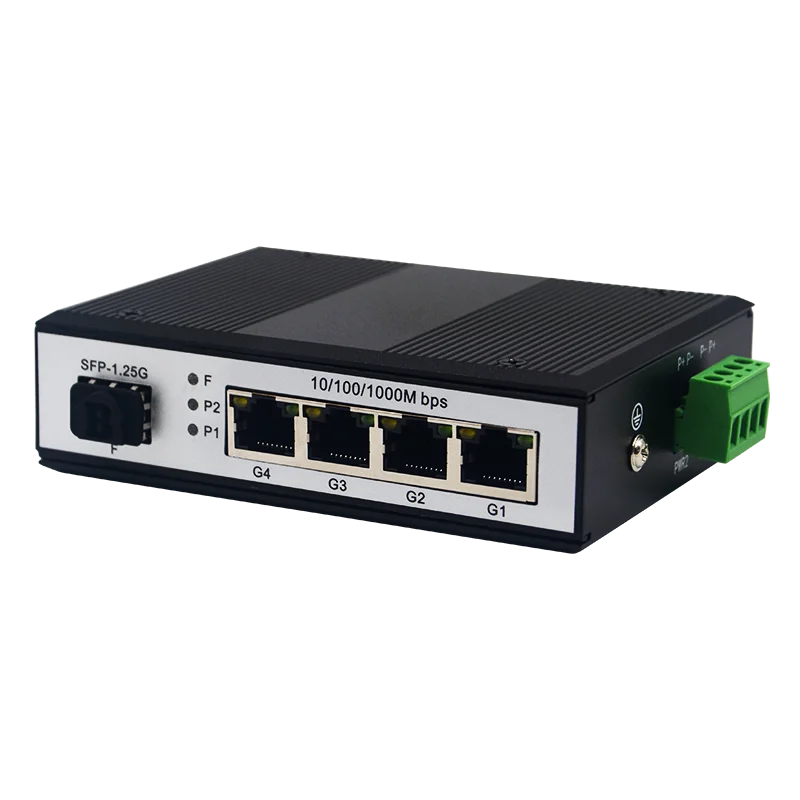 Redundant Industrial Media Converter 1 SFP + 4 Gigabit Ports Dual 9-57VDC Input DIN Rail -40~75°C for Mission-Critical Links