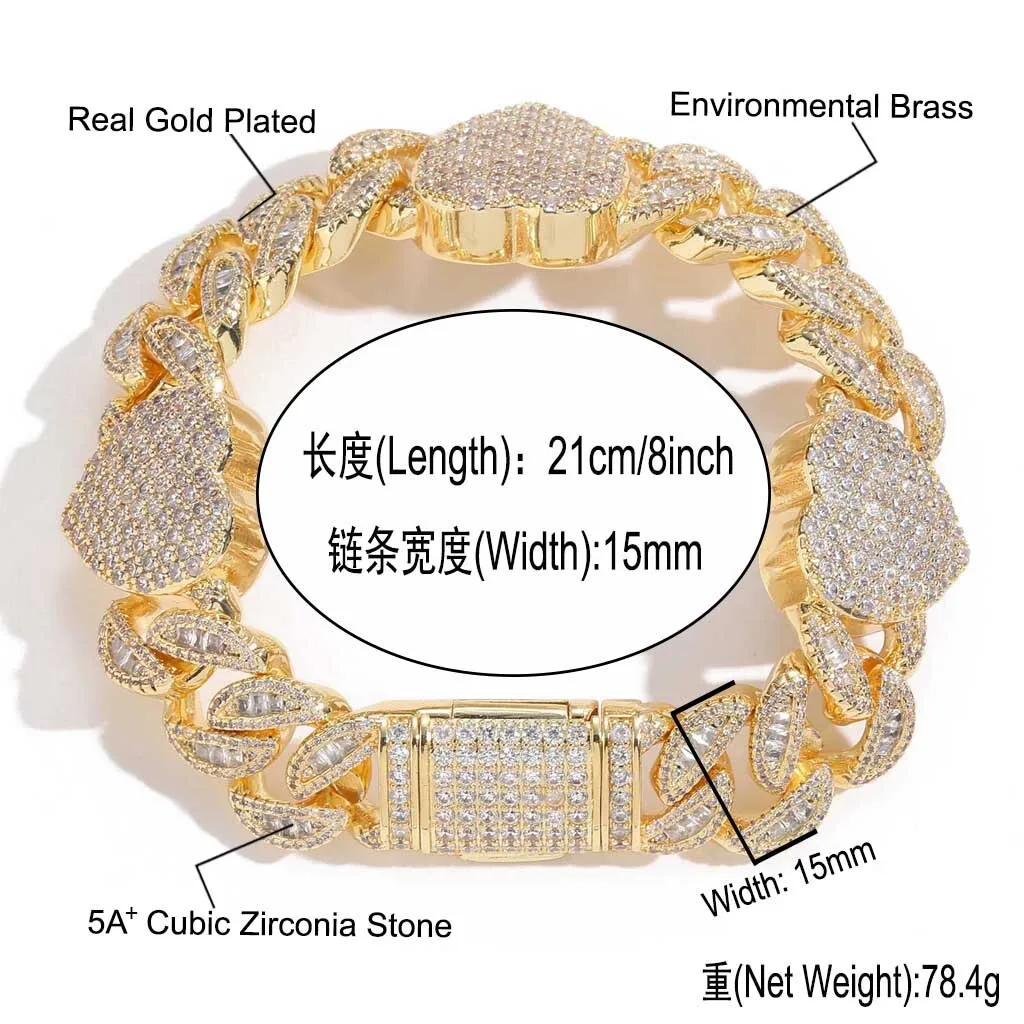 15MM New bracelet Love Cuban chain T square zircon full diamond trend men hip hop accessories