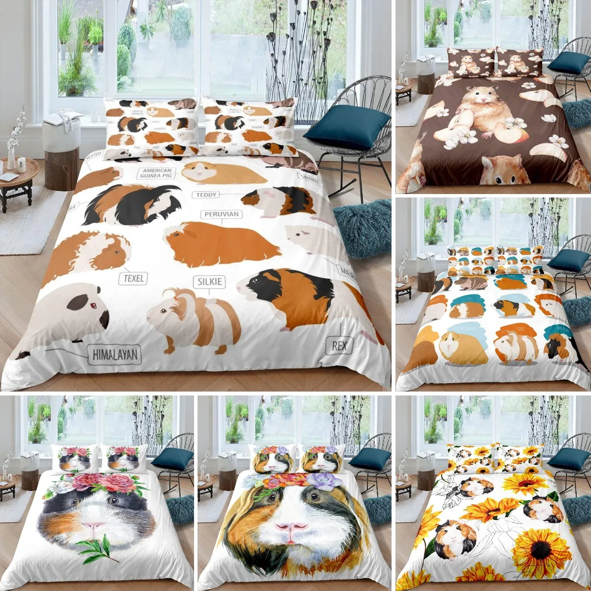 

Guinea Pig Duvet Cover King/Queen Size For Kids Teens Boys Girls, Cute Cartoon Hamster Rodent Bedding Set For Dorm Bedroom